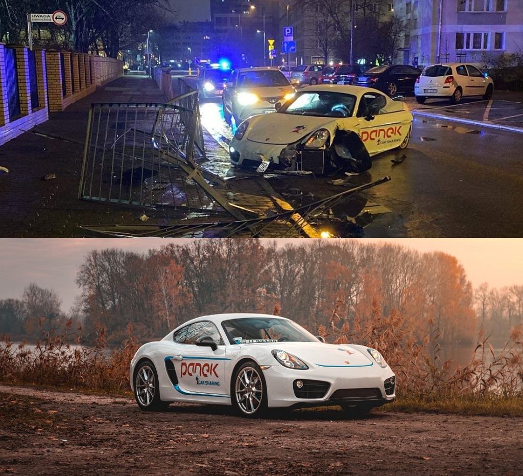 Porsche Cayman Панека до и после. Есть два счета, которые нужно оплатить: один низкий, другой высокий.