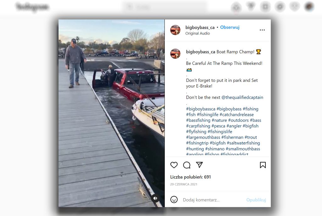 Американец повел себя так же, как и на Мазурах. Он спустил на воду пикап с лодкой [ВИДЕО]