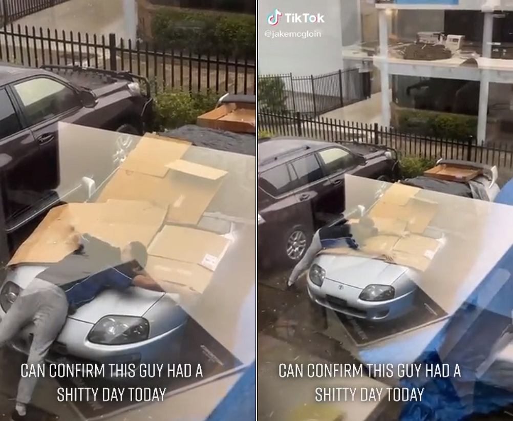 Своим телом он защитил «Супру» от града. Он очень любит свою Тойоту [ВИДЕО]